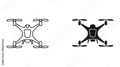 Drone Icons Set: Line Art and Silhouette Quadcopter, Aerial Vehicle
