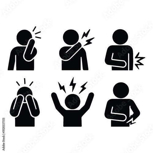 Stick figure icons showing pain, headache, back pain, stress, and discomfort