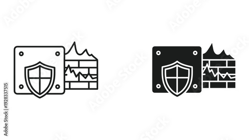 Firewall Shield and Broken Brick Wall Icon Set