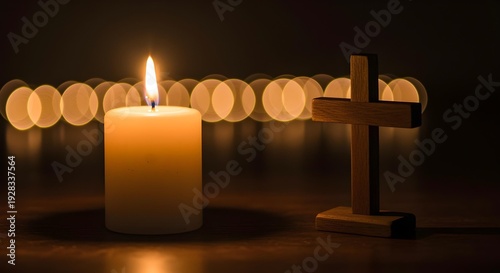 Lit Candle Beside Wooden Cross for Good Friday Remembrance