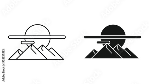 Stylized Mountain Peaks and Sun Icon Set, Line Art and Silhouette