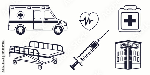 Medical icons representing healthcare services and equipment Vector