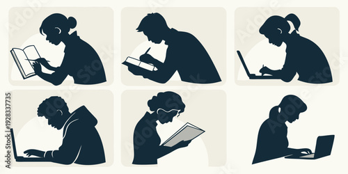 Six people are reading books in different positions and settings. Vector