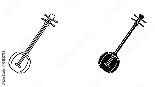 Shamisen Icon and Silhouette - Traditional Japanese Music Instrument