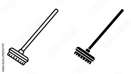 Broom Icons Set, Line Art and Solid Silhouette, Cleaning Tools, Isolated