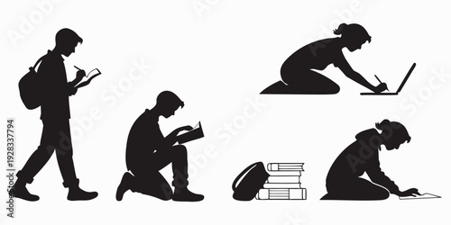 A person evolves from sitting and standing to kneeling and lying down while using technology. Vector