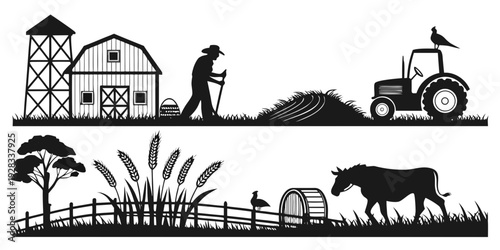 A serene farm scene with various animals and agricultural activities. Vector