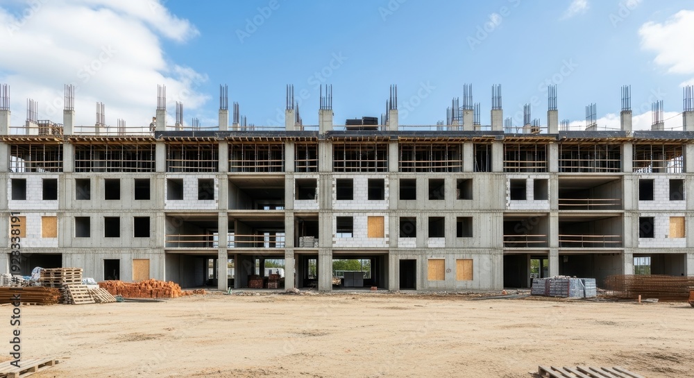 Fototapeta premium Modern Construction Site with Framework and Unfinished Building Exterior