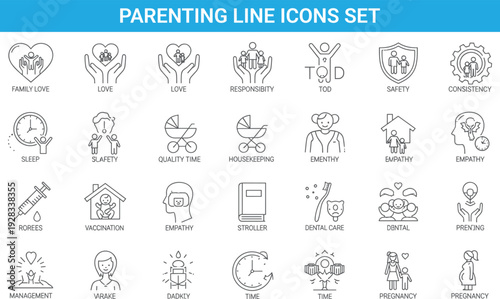 Parenting line icons set, family care, child safety, love, empathy, responsibility, health, pregnancy, dental care, time management, lifestyle