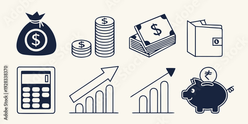 Illustration of various financial and economic icons representing money, banking, and investment. Vector