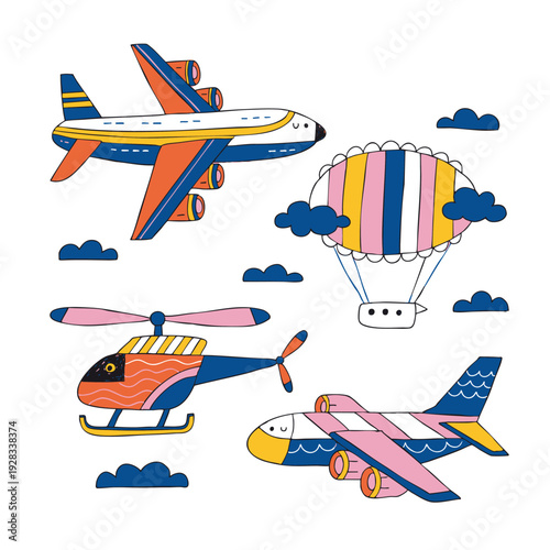 Hand-drawn aviation vehicles in kids book style for coloring and educational printable projects