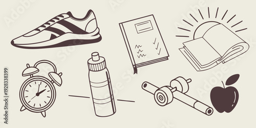 A collection of items for a healthy and active lifestyle. Vector
