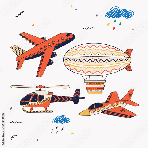 No shadow no gradient vector of flying machines in aviation doodle style for kids crafts