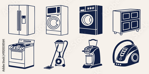 A collection of various vintage household appliances and devices. Vector