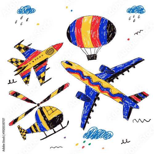 Kid-friendly passenger plane airship helicopter and military jet in bold outline vector for coloring