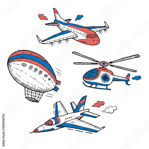 Simple shape aircraft collection in children's doodle style for educational and travel-themed prints