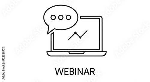 Line art illustration of a laptop with a speech bubble and the word webinar