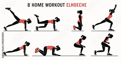 Eight home workout exercises demonstrated by a person in a white outfit Vector