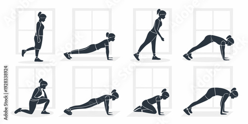Demonstration of various bodyweight exercises for a full-body workout routine Vector