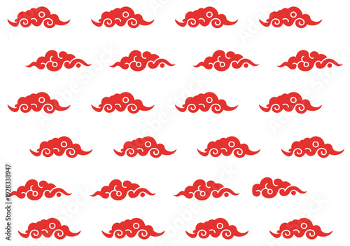 Traditional korean clouds set, flat chinese japanese red cloud silhouettes decorative asian festival elements oriental graphic decent vector collection