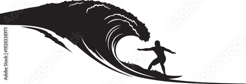 Surfer Silhouette Riding Big Wave Cresting Ocean Water Dynamic Action Shot