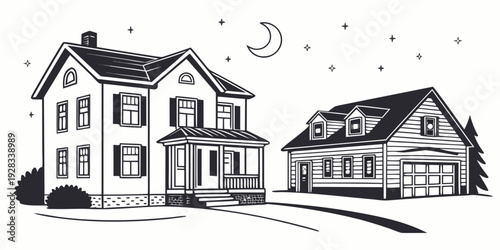 A serene suburban scene with three houses under a starry night sky Vector