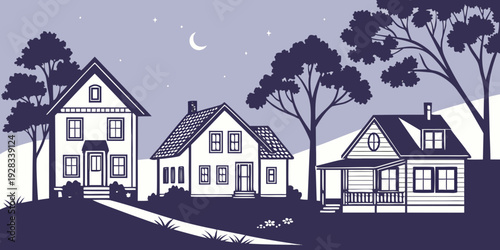 A serene nighttime scene of a small village with houses and trees under a starry sky Vector