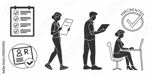 Illustration of people engaged in various office and administrative tasks Vector