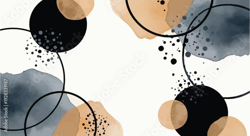 Abstract Geometric Circles and Watercolor Splotches with Ink Splatter Texture on Light Beige Canvas