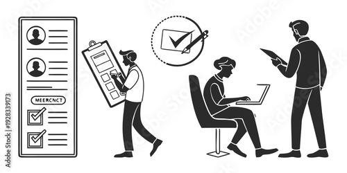 A diverse group of people engaged in various activities related to work and business. Vector