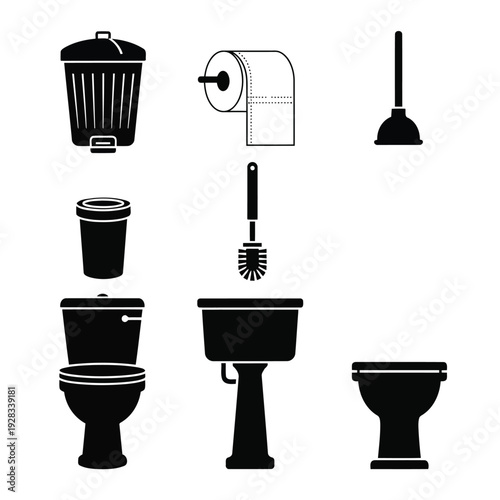 Assorted toilet icons including bowls and accessories in black and white illustrations
