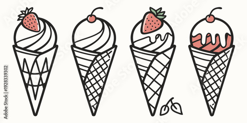 Four colorful ice cream cones with various toppings and decorations Vector