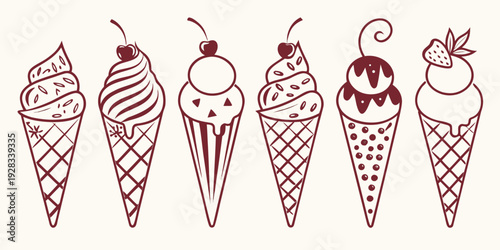 Assorted ice cream cones with colorful toppings and decorations Vector
