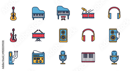Collection of music-related icons including instruments and audio equipment displayed in a grid on a white background from a straightforward viewpoint