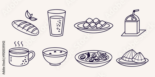 Assorted food items including vegetables, meat, and beverages Vector