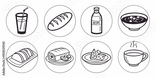 A collection of various types of food and drink items illustrated in a simple and charming style. Vector