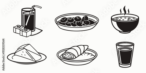 Assorted food and drink items displayed on a table Vector