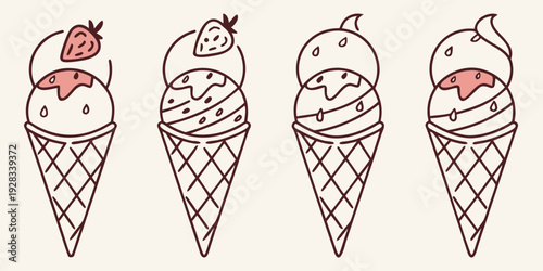 Four different ice cream cones with distinct toppings and decorations Vector