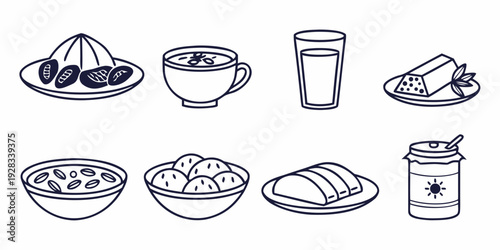 A variety of delicious food items including soups, salads, and beverages Vector