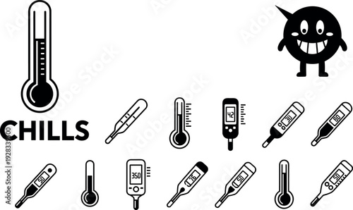Medical Thermometer Icons Set Featuring Digital and Analog Temperature Measuring Tools for Fever Healthcare Chills Symptoms Virus Illness and Clinical Diagnostics