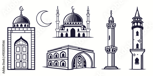 Diverse architectural styles of mosques and minarets from various cultures Vector
