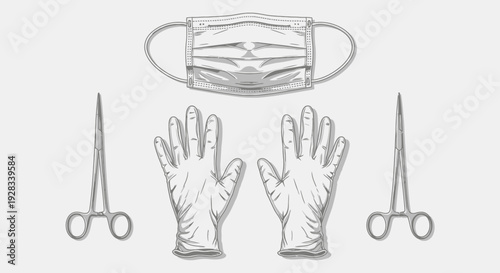 Medical Supplies Surgical Instruments Gloves and Mask Illustration.