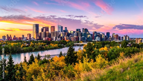 Calgary Skyline at Sunset - A Vibrant Urban Landscape.