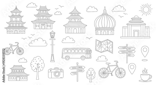 Collection of Asian architectural landmarks and travel elements.