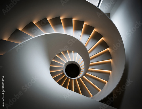 Spiral staircase with warm ambient lighting, luxury modern interior architecture, 3D render