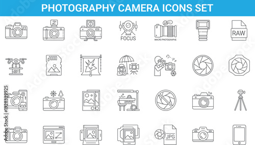 Photography camera icons set, focus lens aperture tripod RAW JPG symbols, professional photo equipment, studio tools, line vector illustration collection