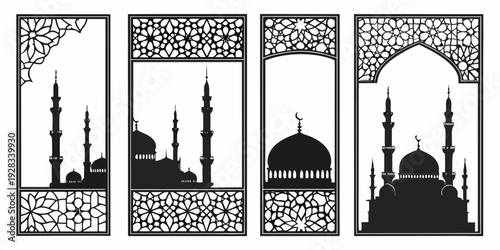 Three windows showcasing intricate islamic architecture with minarets and domes Vector