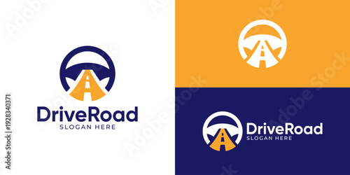 Creative simple drive road logo template. Abstract steering wheel with asphalt road street logo design vector illustration.