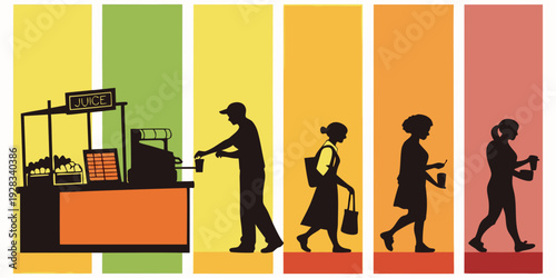A diverse group of people walking in a colorful, abstract environment. Vector