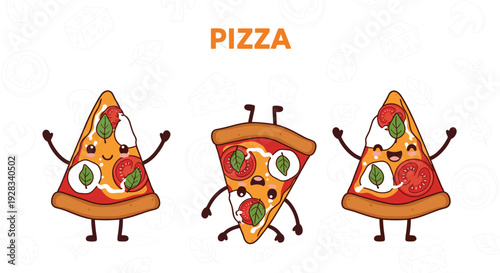 Set of cute kawaii margherita pizza slice characters with tomato and basil toppings performing fun poses isolated on white background for Italian restaurant menus.